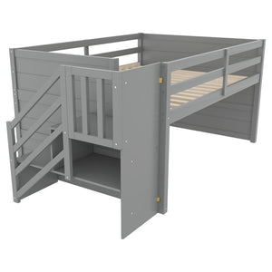 English Elm Full Size Pine Wood Low Loft Bed Built-in Stairs Storage Drawer Kids Bedroom Gray W697S00047