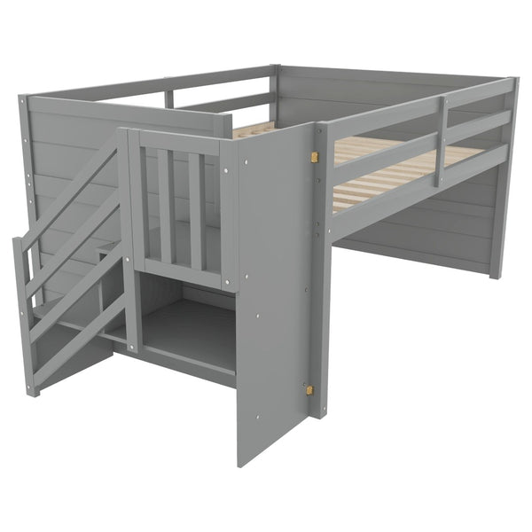 English Elm Full Size Pine Wood Low Loft Bed Built-in Stairs Storage Drawer Kids Bedroom Gray W697S00047