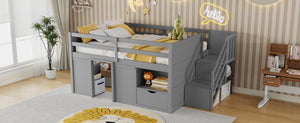 English Elm Full Size Pine Wood Low Loft Bed Built-in Stairs Storage Drawer Kids Bedroom Gray W697S00047