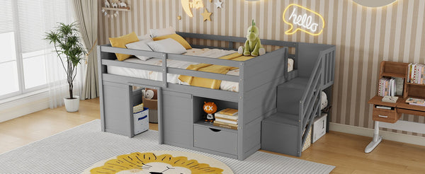 English Elm Full Size Pine Wood Low Loft Bed Built-in Stairs Storage Drawer Kids Bedroom Gray W697S00047