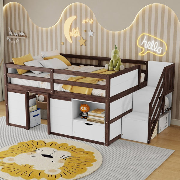 English Elm Full Size Pine Wood Low Loft Bed Built-in Stairs Storage Drawer Kids Bedroom White + Walnut W697S00048