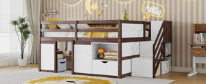 English Elm Full Size Pine Wood Low Loft Bed Built-in Stairs Storage Drawer Kids Bedroom White + Walnut W697S00048
