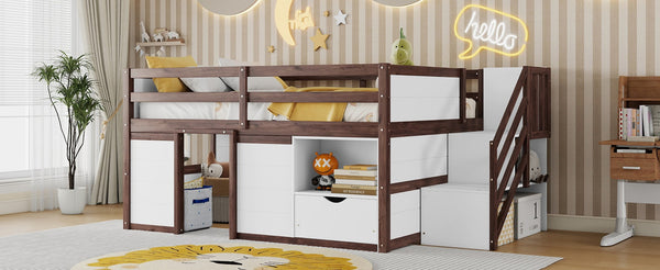English Elm Full Size Pine Wood Low Loft Bed Built-in Stairs Storage Drawer Kids Bedroom White + Walnut W697S00048