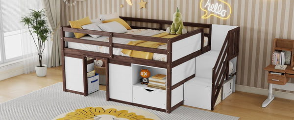 English Elm Full Size Pine Wood Low Loft Bed Built-in Stairs Storage Drawer Kids Bedroom White + Walnut W697S00048