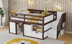 English Elm Full Size Pine Wood Low Loft Bed Built-in Stairs Storage Drawer Kids Bedroom White + Walnut W697S00048