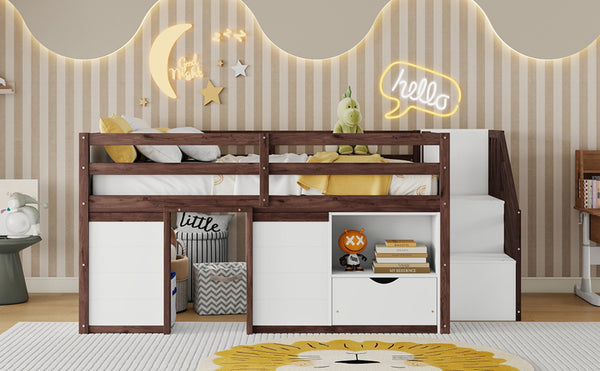 English Elm Full Size Pine Wood Low Loft Bed Built-in Stairs Storage Drawer Kids Bedroom White + Walnut W697S00048