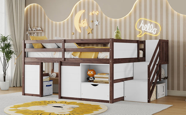 English Elm Full Size Pine Wood Low Loft Bed Built-in Stairs Storage Drawer Kids Bedroom White + Walnut W697S00048