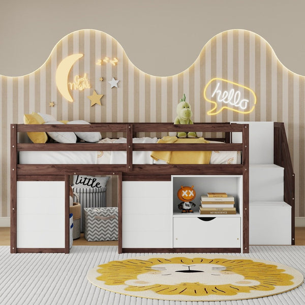 English Elm Full Size Pine Wood Low Loft Bed Built-in Stairs Storage Drawer Kids Bedroom White + Walnut W697S00048