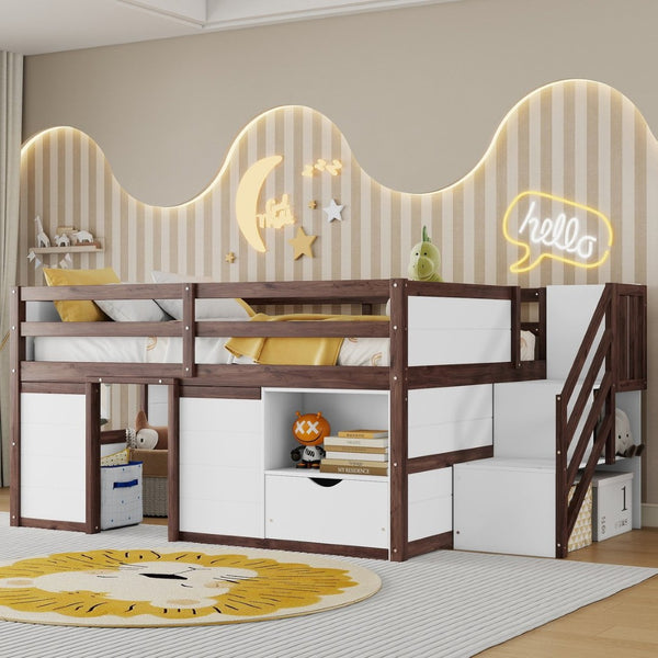English Elm Full Size Pine Wood Low Loft Bed Built-in Stairs Storage Drawer Kids Bedroom White + Walnut W697S00048