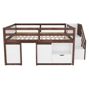 English Elm Full Size Pine Wood Low Loft Bed Built-in Stairs Storage Drawer Kids Bedroom White + Walnut W697S00048
