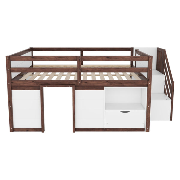 English Elm Full Size Pine Wood Low Loft Bed Built-in Stairs Storage Drawer Kids Bedroom White + Walnut W697S00048