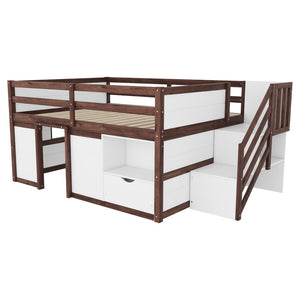 English Elm Full Size Pine Wood Low Loft Bed Built-in Stairs Storage Drawer Kids Bedroom White + Walnut W697S00048
