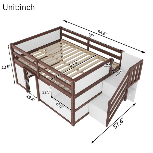 English Elm Full Size Pine Wood Low Loft Bed Built-in Stairs Storage Drawer Kids Bedroom White + Walnut W697S00048