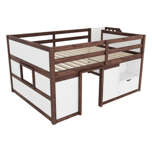 English Elm Full Size Pine Wood Low Loft Bed Built-in Stairs Storage Drawer Kids Bedroom White + Walnut W697S00048