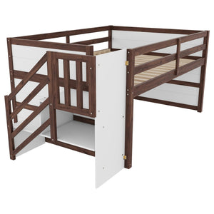 English Elm Full Size Pine Wood Low Loft Bed Built-in Stairs Storage Drawer Kids Bedroom White + Walnut W697S00048