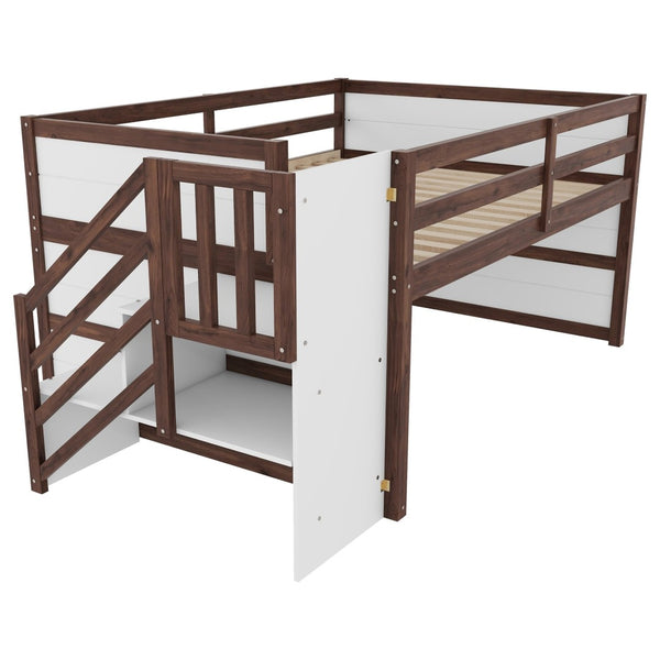 English Elm Full Size Pine Wood Low Loft Bed Built-in Stairs Storage Drawer Kids Bedroom White + Walnut W697S00048