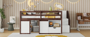 English Elm Full Size Pine Wood Low Loft Bed Built-in Stairs Storage Drawer Kids Bedroom White + Walnut W697S00048