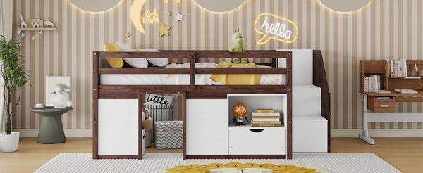 English Elm Full Size Pine Wood Low Loft Bed Built-in Stairs Storage Drawer Kids Bedroom White + Walnut W697S00048
