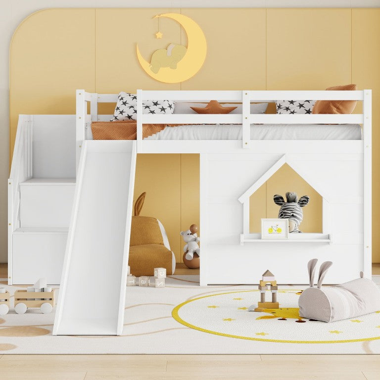 English Elm Kids Twin Loft Bed Solid Pine Playhouse Slide Storage Stairs and LED Lights W697S00049