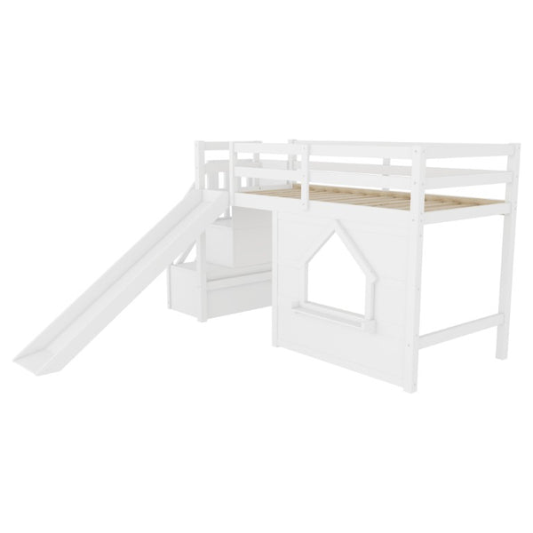 English Elm Kids Twin Loft Bed Solid Pine Playhouse Slide Storage Stairs and LED Lights W697S00049