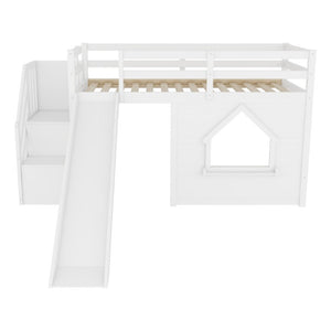 English Elm Kids Twin Loft Bed Solid Pine Playhouse Slide Storage Stairs and LED Lights W697S00049