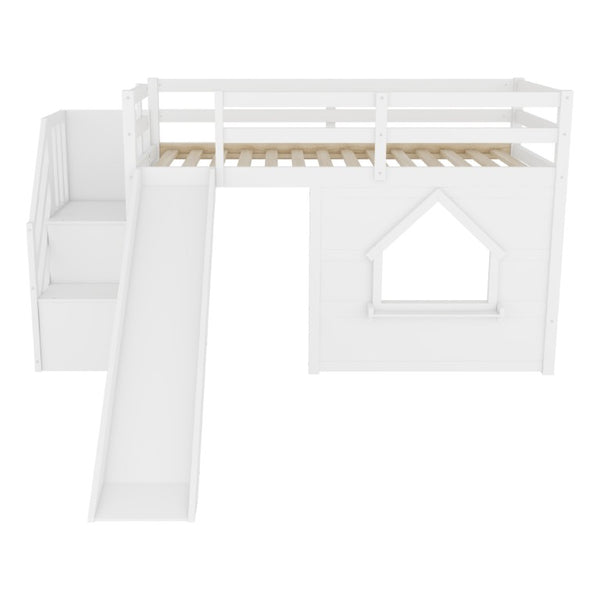 English Elm Kids Twin Loft Bed Solid Pine Playhouse Slide Storage Stairs and LED Lights W697S00049