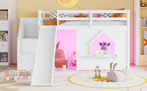 English Elm Kids Twin Loft Bed Solid Pine Playhouse Slide Storage Stairs and LED Lights W697S00049