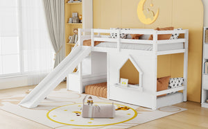 English Elm Kids Twin Loft Bed Solid Pine Playhouse Slide Storage Stairs and LED Lights W697S00049