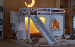 English Elm Kids Twin Loft Bed Solid Pine Playhouse Slide Storage Stairs and LED Lights W697S00049