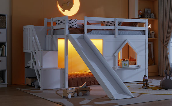 English Elm Kids Twin Loft Bed Solid Pine Playhouse Slide Storage Stairs and LED Lights W697S00049