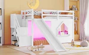 English Elm Kids Twin Loft Bed Solid Pine Playhouse Slide Storage Stairs and LED Lights W697S00049