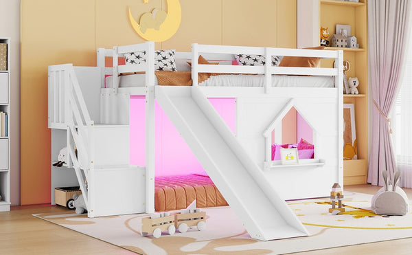 English Elm Kids Twin Loft Bed Solid Pine Playhouse Slide Storage Stairs and LED Lights W697S00049