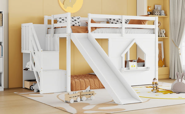 English Elm Kids Twin Loft Bed Solid Pine Playhouse Slide Storage Stairs and LED Lights W697S00049