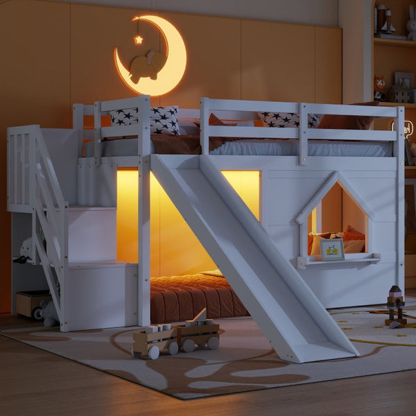 English Elm Kids Twin Loft Bed Solid Pine Playhouse Slide Storage Stairs and LED Lights W697S00049