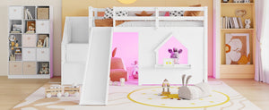 English Elm Kids Twin Loft Bed Solid Pine Playhouse Slide Storage Stairs and LED Lights W697S00049