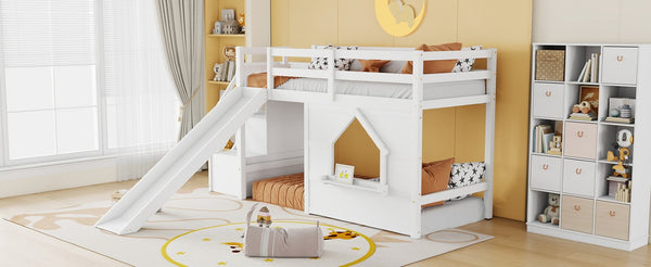 English Elm Kids Twin Loft Bed Solid Pine Playhouse Slide Storage Stairs and LED Lights W697S00049
