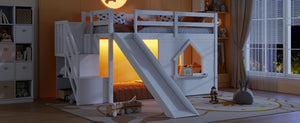 English Elm Kids Twin Loft Bed Solid Pine Playhouse Slide Storage Stairs and LED Lights W697S00049