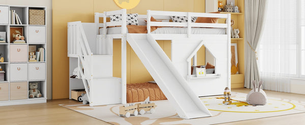 English Elm Kids Twin Loft Bed Solid Pine Playhouse Slide Storage Stairs and LED Lights W697S00049
