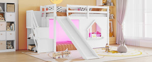 English Elm Kids Twin Loft Bed Solid Pine Playhouse Slide Storage Stairs and LED Lights W697S00049