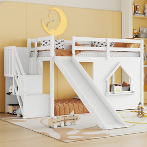 English Elm Kids Twin Loft Bed Solid Pine Playhouse Slide Storage Stairs and LED Lights W697S00049
