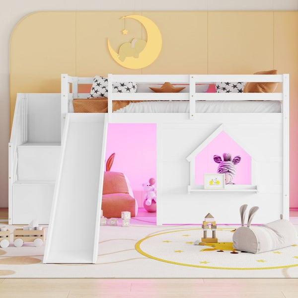 English Elm Kids Twin Loft Bed Solid Pine Playhouse Slide Storage Stairs and LED Lights W697S00049