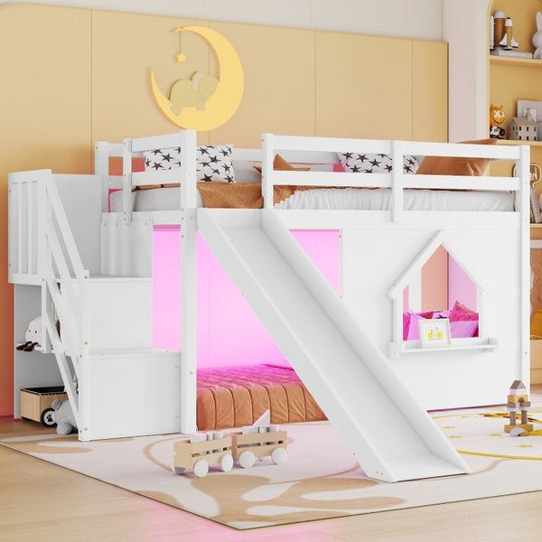 English Elm Kids Twin Loft Bed Solid Pine Playhouse Slide Storage Stairs and LED Lights W697S00049