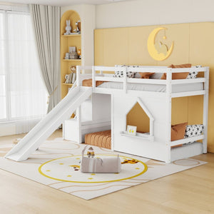English Elm Kids Twin Loft Bed Solid Pine Playhouse Slide Storage Stairs and LED Lights W697S00049