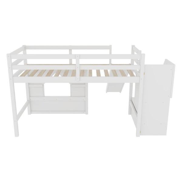 English Elm Kids Twin Loft Bed Solid Pine Playhouse Slide Storage Stairs and LED Lights W697S00049
