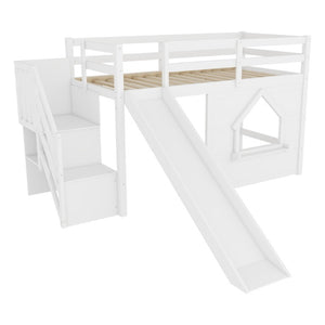 English Elm Kids Twin Loft Bed Solid Pine Playhouse Slide Storage Stairs and LED Lights W697S00049