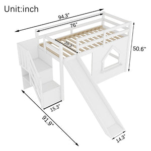 English Elm Kids Twin Loft Bed Solid Pine Playhouse Slide Storage Stairs and LED Lights W697S00049
