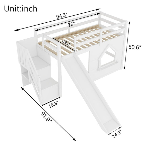 English Elm Kids Twin Loft Bed Solid Pine Playhouse Slide Storage Stairs and LED Lights W697S00049