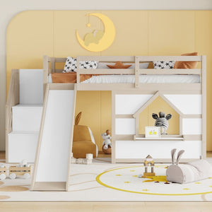 English Elm Kids Pine Wood Twin Loft Bed with Slide Playhouse Window and LED Strip Lights Beige, White W697S00050