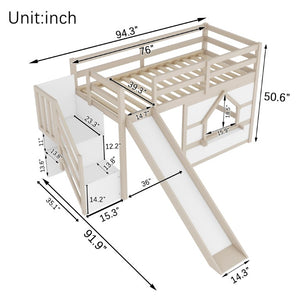 English Elm Kids Pine Wood Twin Loft Bed with Slide Playhouse Window and LED Strip Lights Beige, White W697S00050