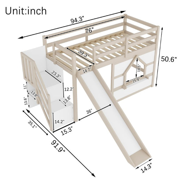 English Elm Kids Pine Wood Twin Loft Bed with Slide Playhouse Window and LED Strip Lights Beige, White W697S00050